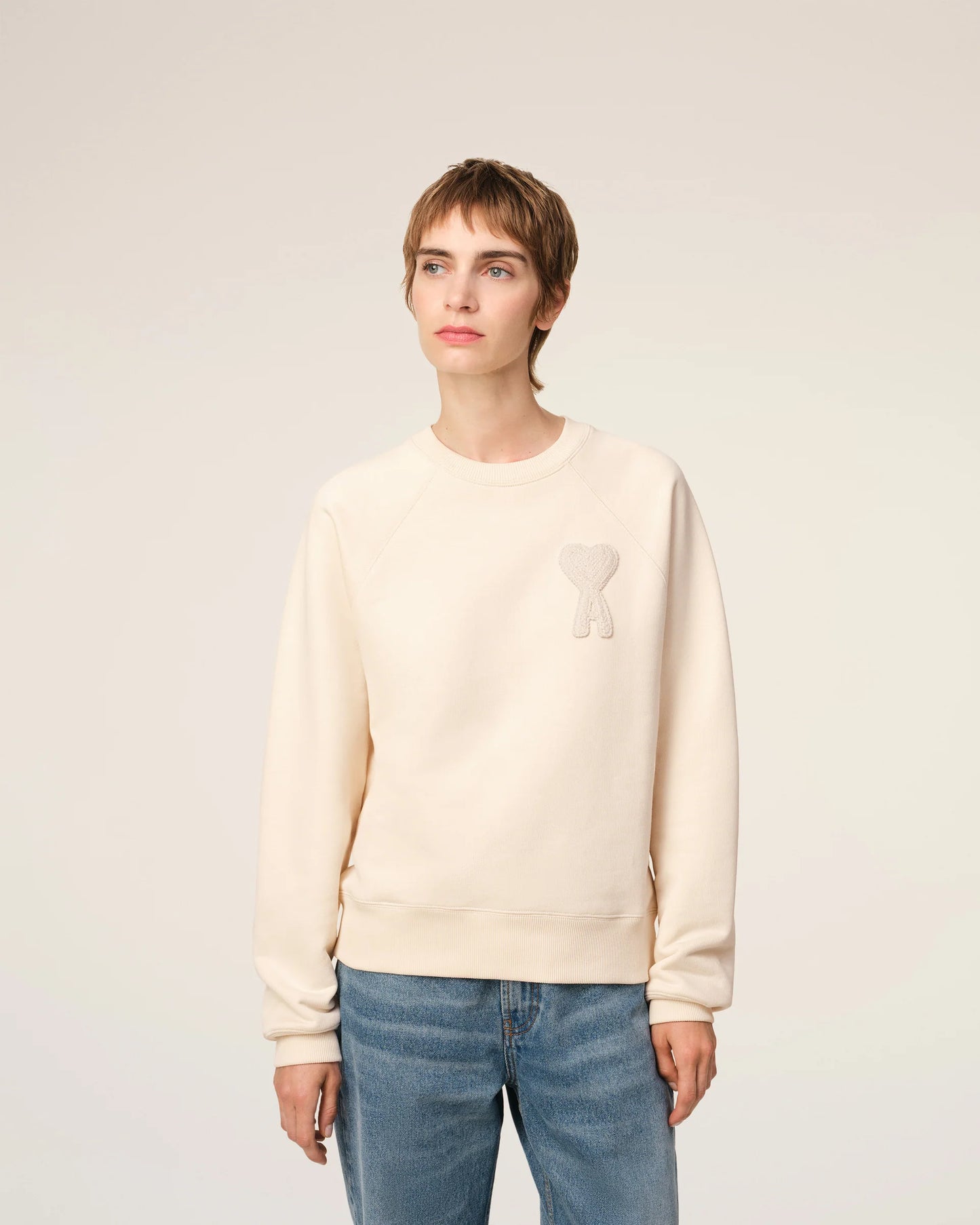 Ami Sweatshirt Beige Patch En Coton Blanc Crème