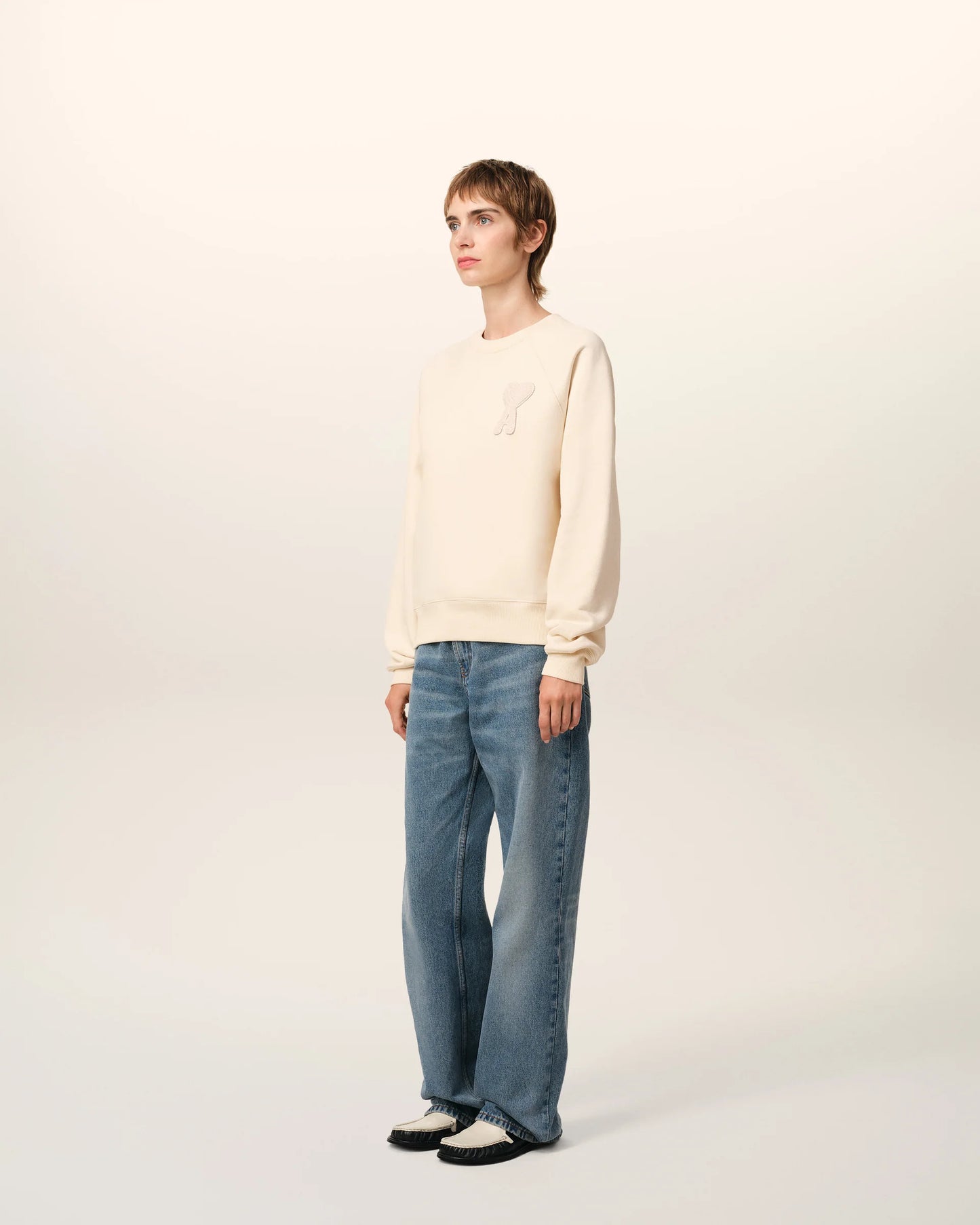 Ami Sweatshirt Beige Patch En Coton Blanc Crème