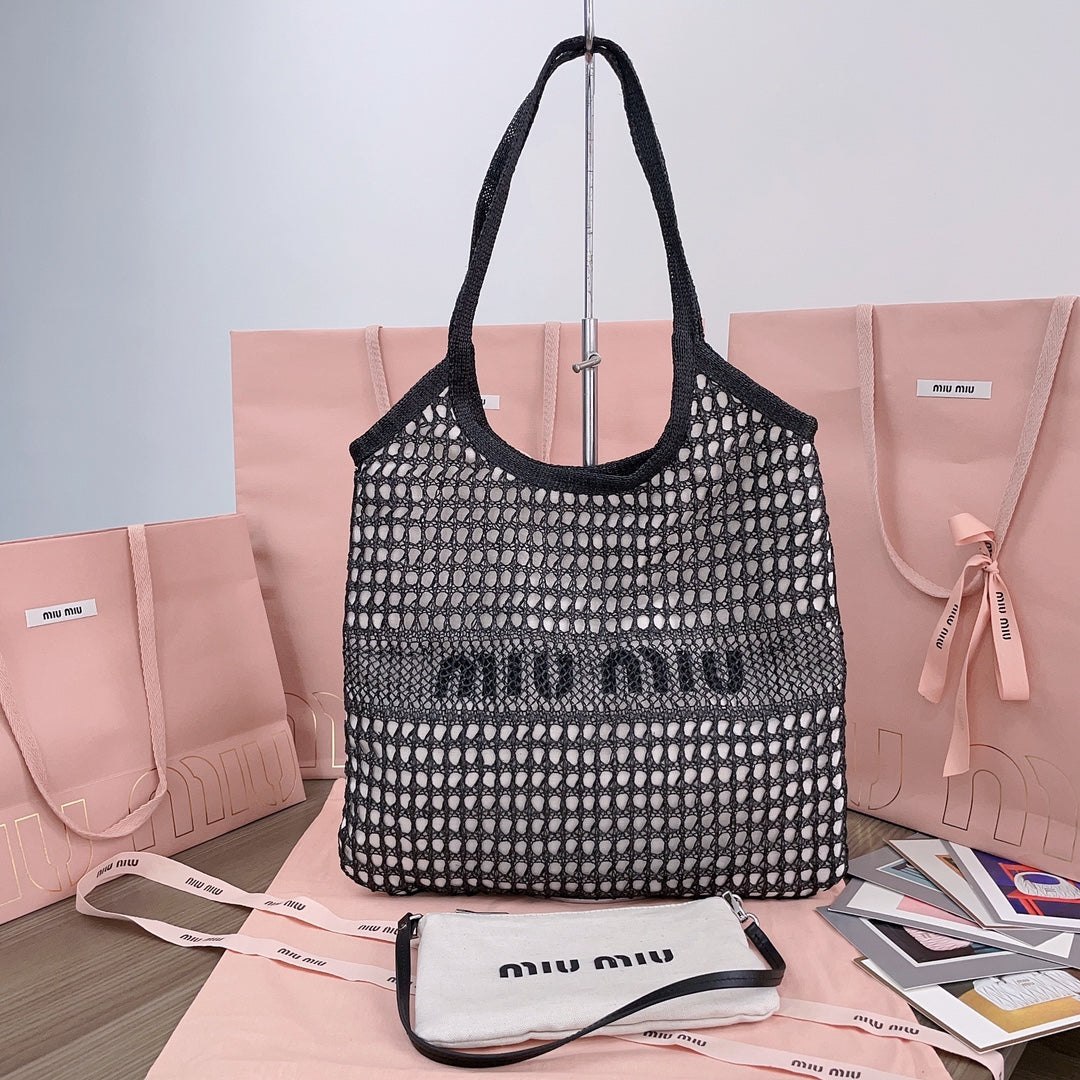 Miumiu - IVY raffia-effect and linen bag