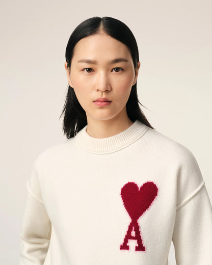 Ami Pull Blanc En Laine Ecru Rouge