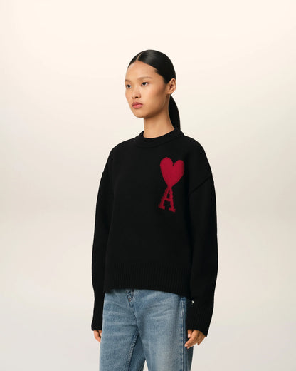Ami Pull Noir En Laine Noir Rouge