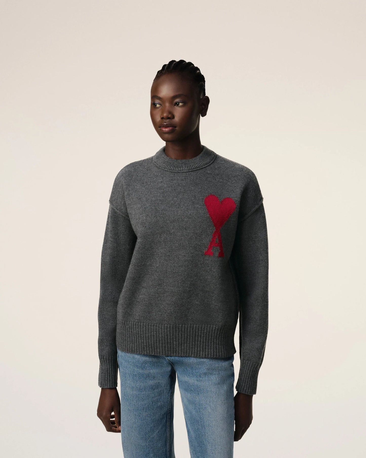 Ami Pull Gris En Laine Gris Chine Rouge