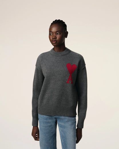 Ami Pull Gris En Laine Gris Chine Rouge