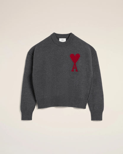 Ami Pull Gris En Laine Gris Chine Rouge