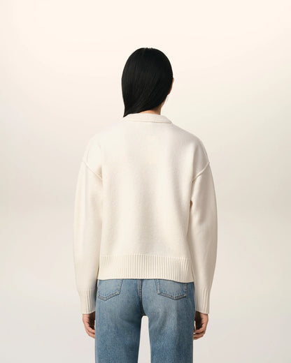 Ami Pull Blanc En Laine Ecru Rouge
