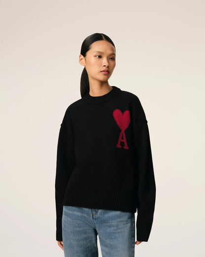 Ami Pull Noir En Laine Noir Rouge
