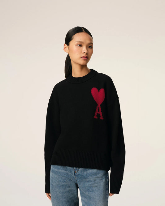 Ami Pull Noir En Laine Noir Rouge