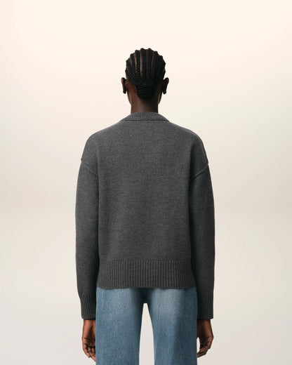 Ami Pull Gris En Laine Gris Chine Rouge