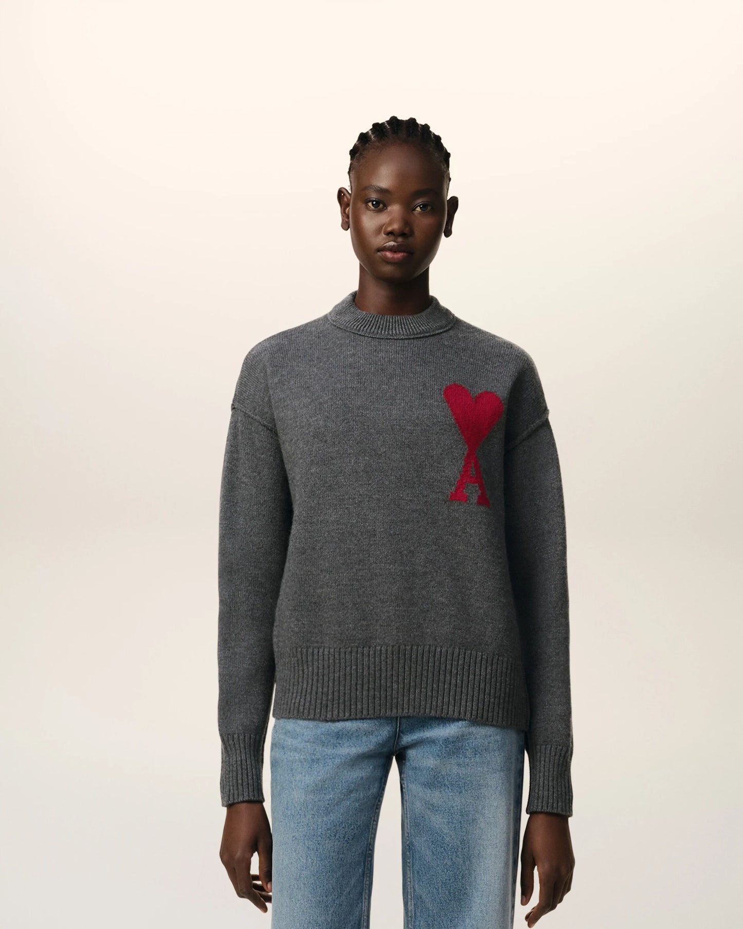 Ami Pull Gris En Laine Gris Chine Rouge
