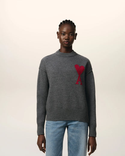 Ami Pull Gris En Laine Gris Chine Rouge