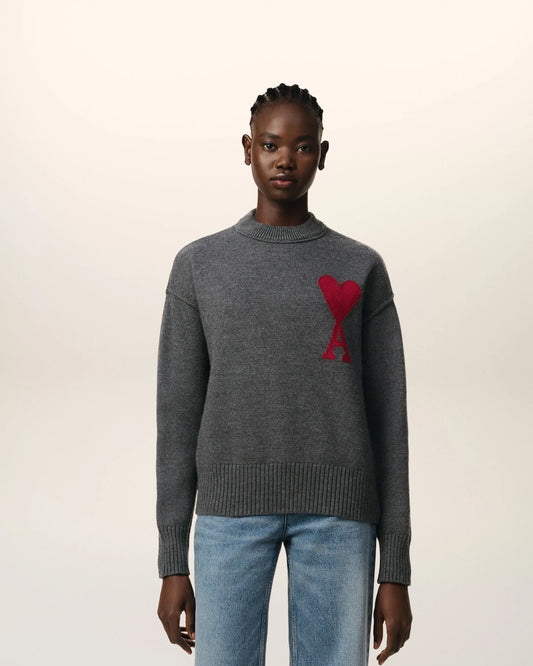Ami Pull Gris En Laine Gris Chine Rouge