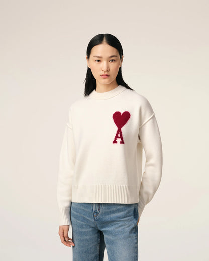 Ami Pull Blanc En Laine Ecru Rouge