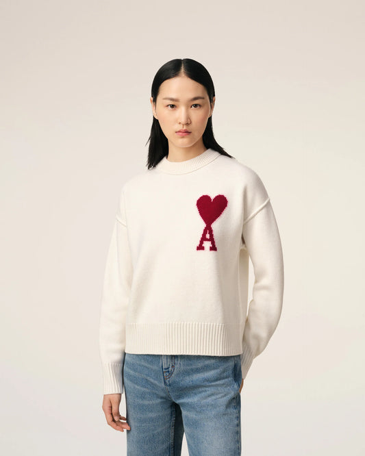 Ami Pull Blanc En Laine Ecru Rouge