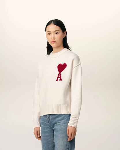 Ami Pull Blanc En Laine Ecru Rouge