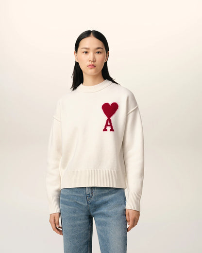 Ami Pull Blanc En Laine Ecru Rouge