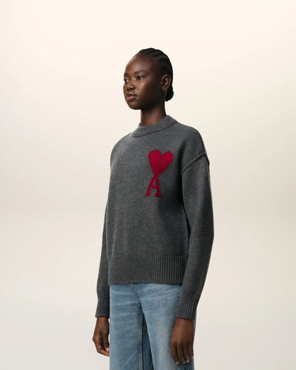 Ami Pull Gris En Laine Gris Chine Rouge