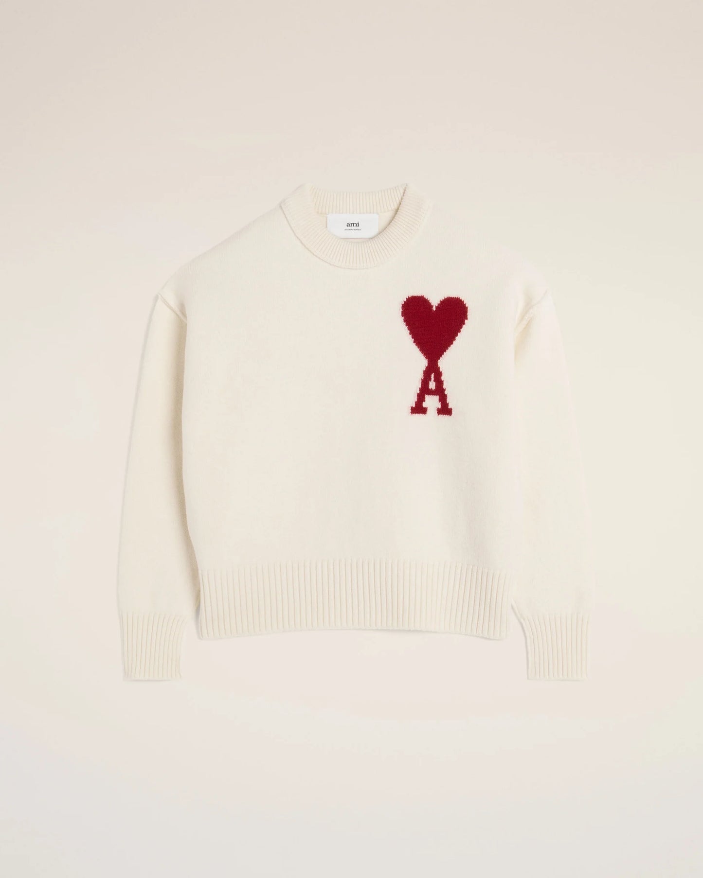 Ami Pull Blanc En Laine Ecru Rouge