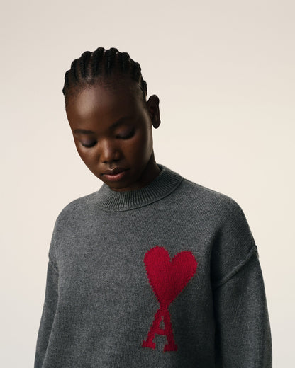 Ami Pull Gris En Laine Gris Chine Rouge