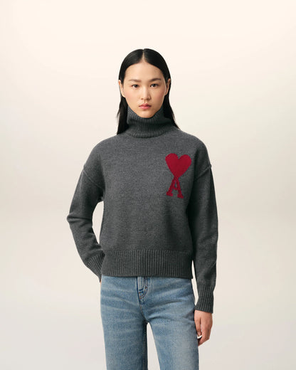 Ami Pull Gris En Laine Col Gris Chine Rouge