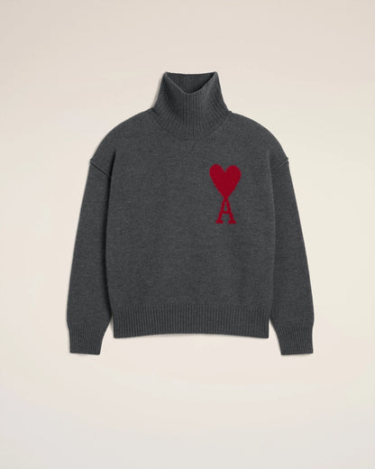 Ami Pull Gris En Laine Col Gris Chine Rouge
