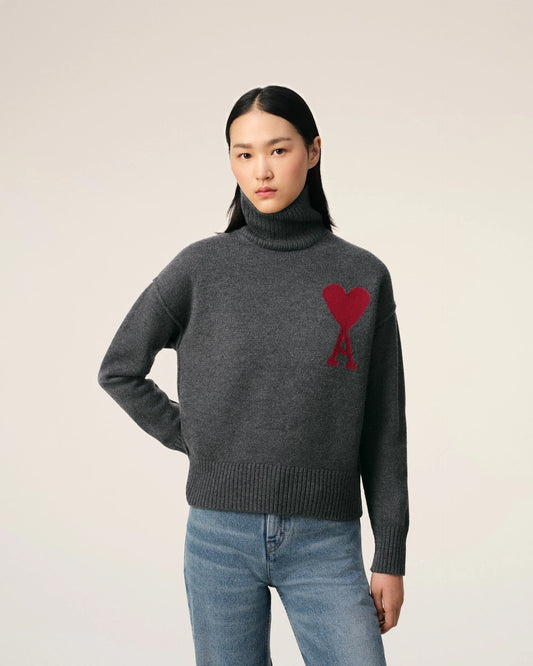 Ami Pull Gris En Laine Col Gris Chine Rouge