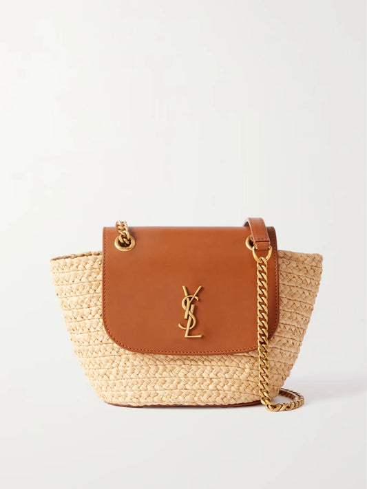 YSL - Sac porté épaule en raphia à finitions en cuir Manon Mini