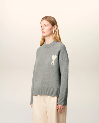 Pull Gris Col Rond En Alpaga Gris Ecru