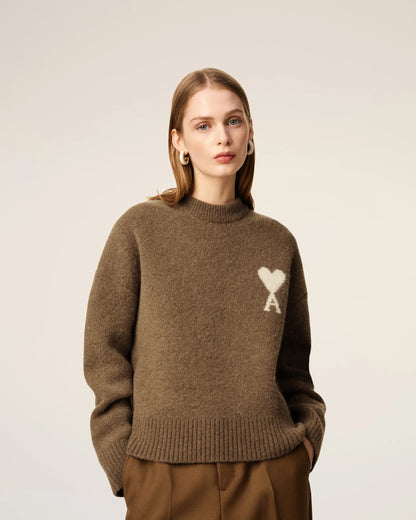 Ami Pull Marron Col Rond En Alpaga Noisette Ecru