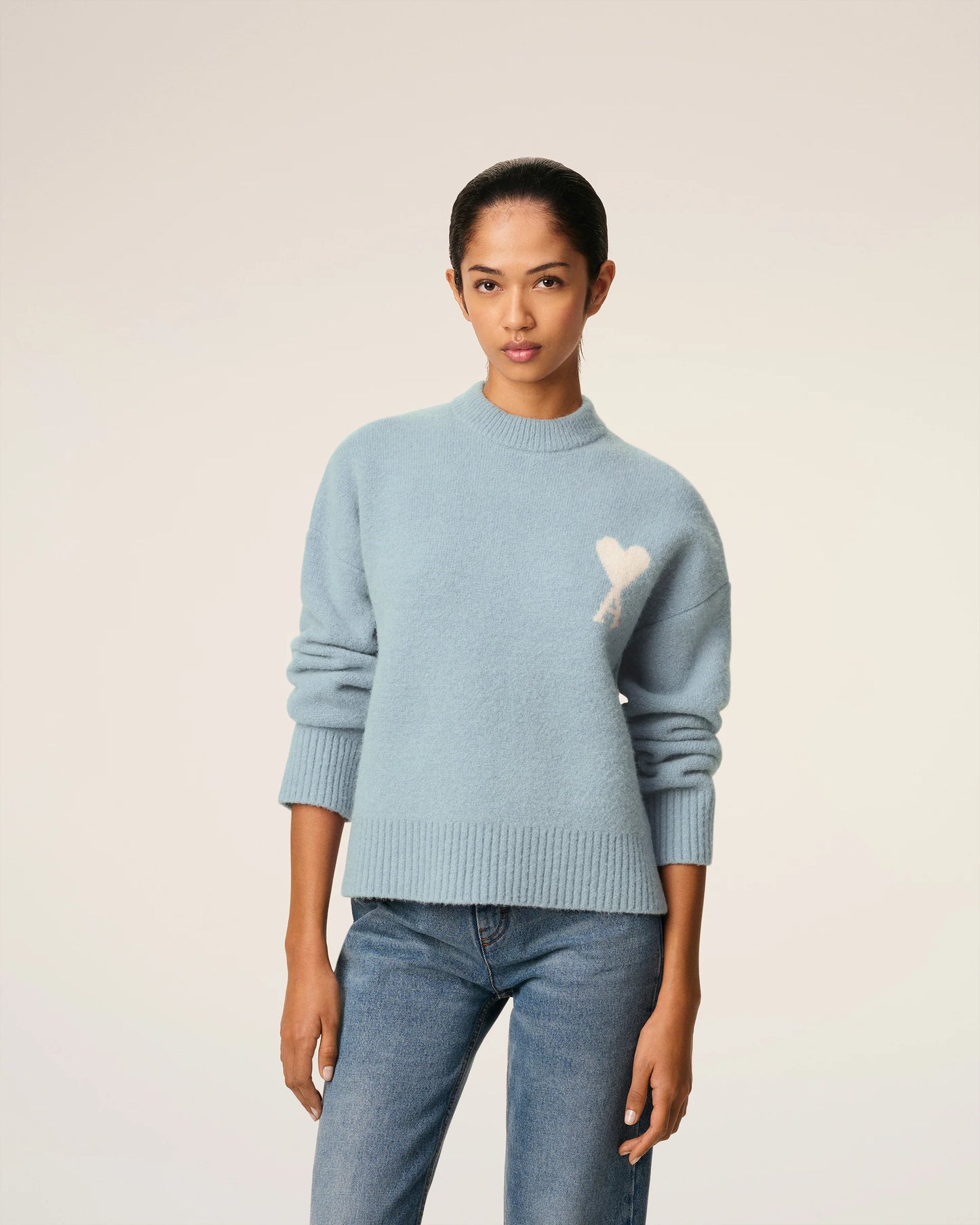 Ami Pull Bleu Col Rond En Alpaga