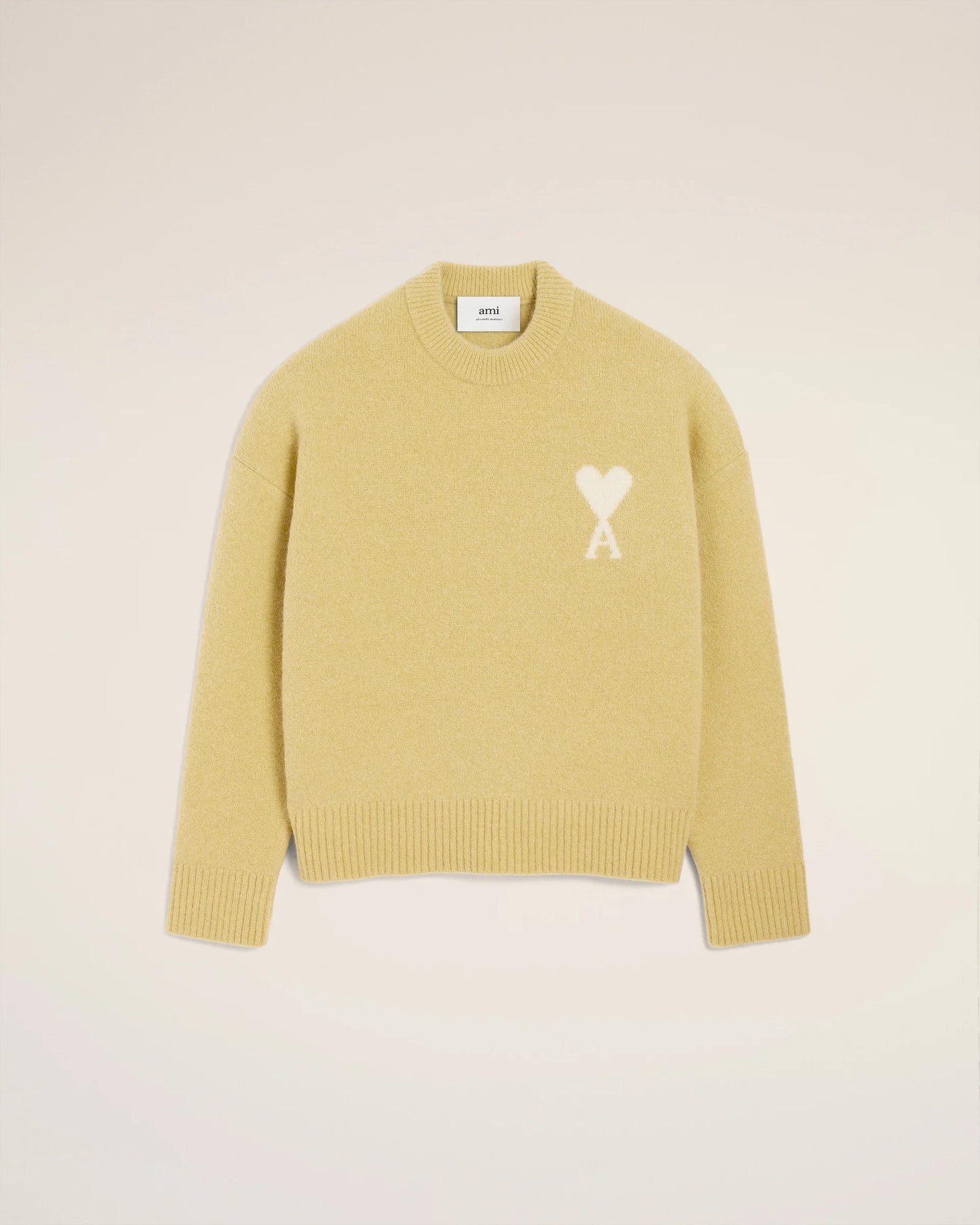 Ami Pull Jaune Col Rond En Alpaga Anis Ecru
