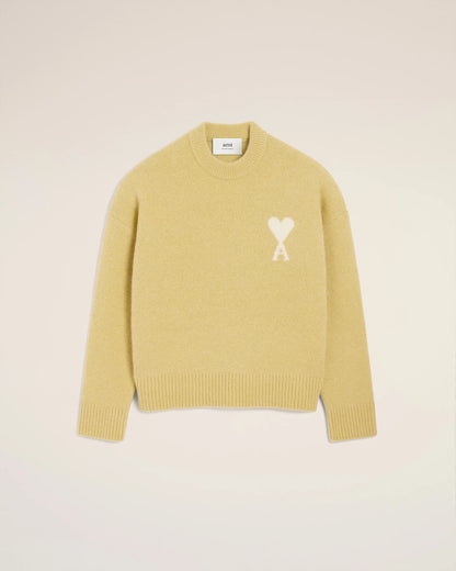 Ami Pull Jaune Col Rond En Alpaga Anis Ecru