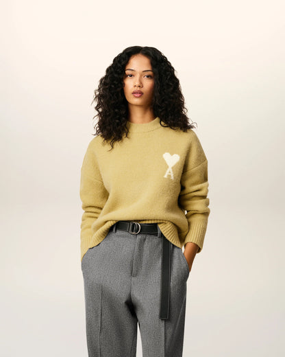 Ami Pull Jaune Col Rond En Alpaga Anis Ecru