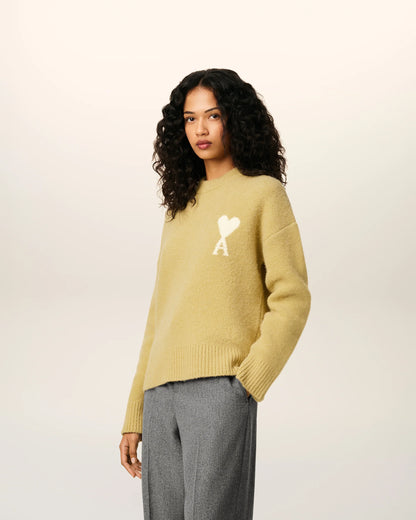 Ami Pull Jaune Col Rond En Alpaga Anis Ecru