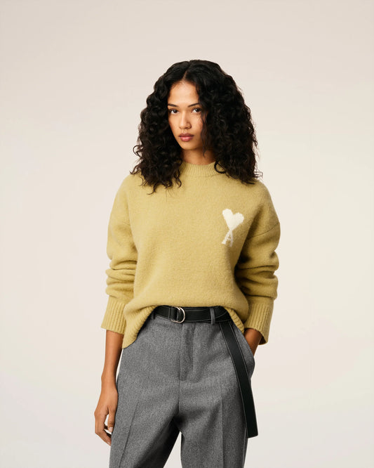 Ami Pull Jaune Col Rond En Alpaga Anis Ecru