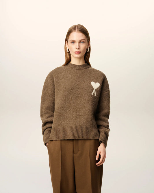 Ami Pull Marron Col Rond En Alpaga Noisette Ecru