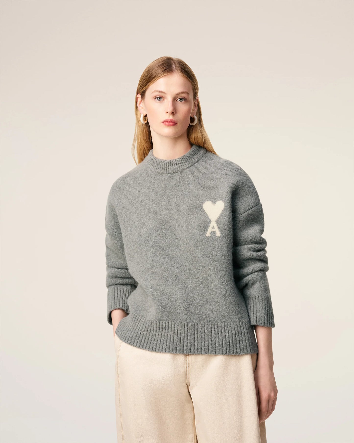 Pull Gris Col Rond En Alpaga Gris Ecru
