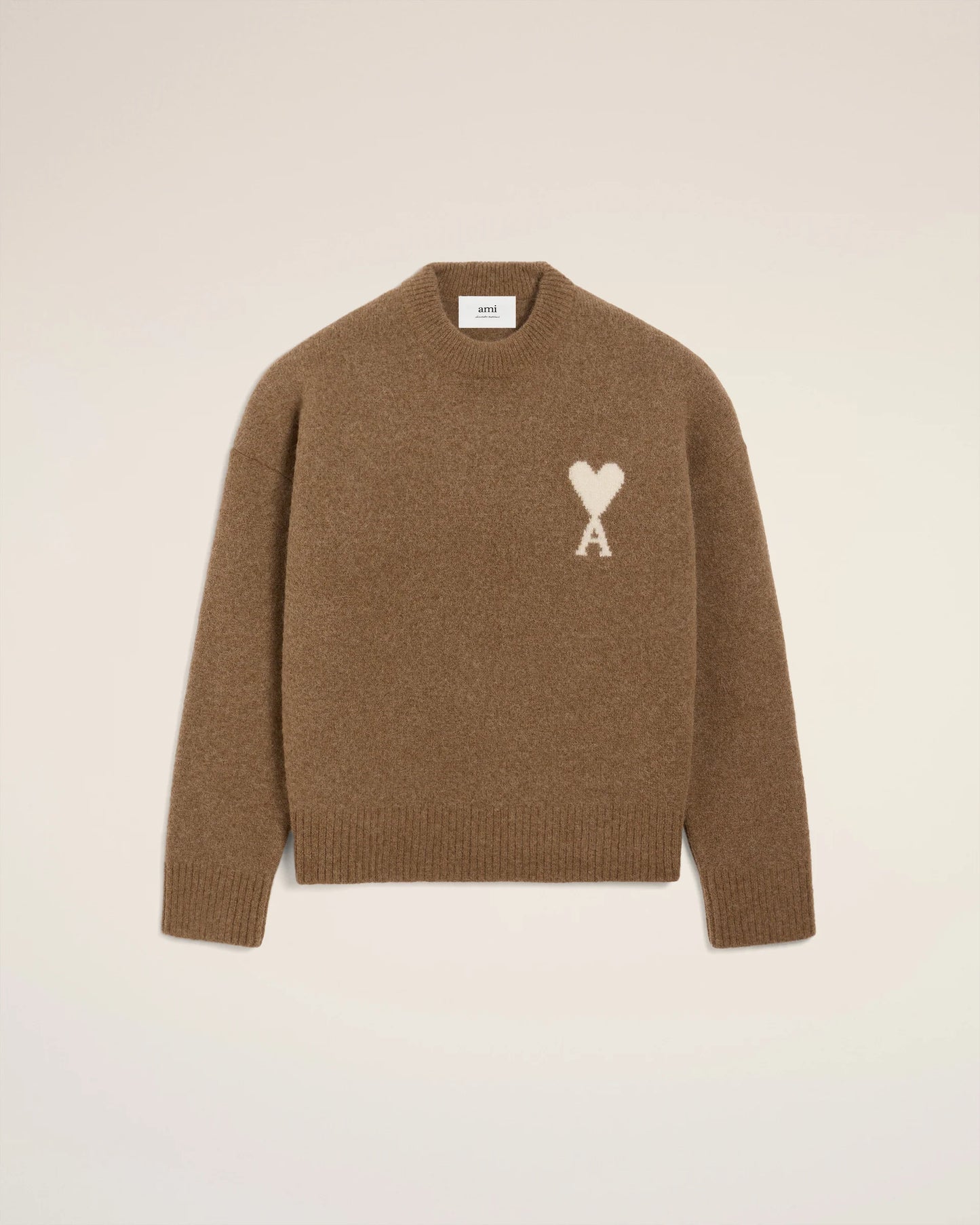 Ami Pull Marron Col Rond En Alpaga Noisette Ecru