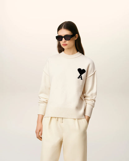 Ami Pull Blanc Col Rond Ecru Noir