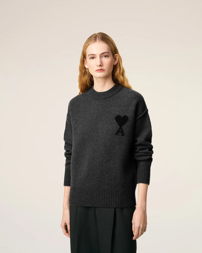 Ami Pull Gris Col Rond  En Laine Gris chine Noir