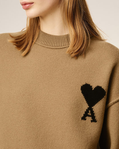 Ami Pull Marron Col Rond En Laine Camel Noir
