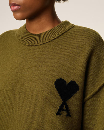 Ami Pull Vert Col Rond En Laine Bronze Noir