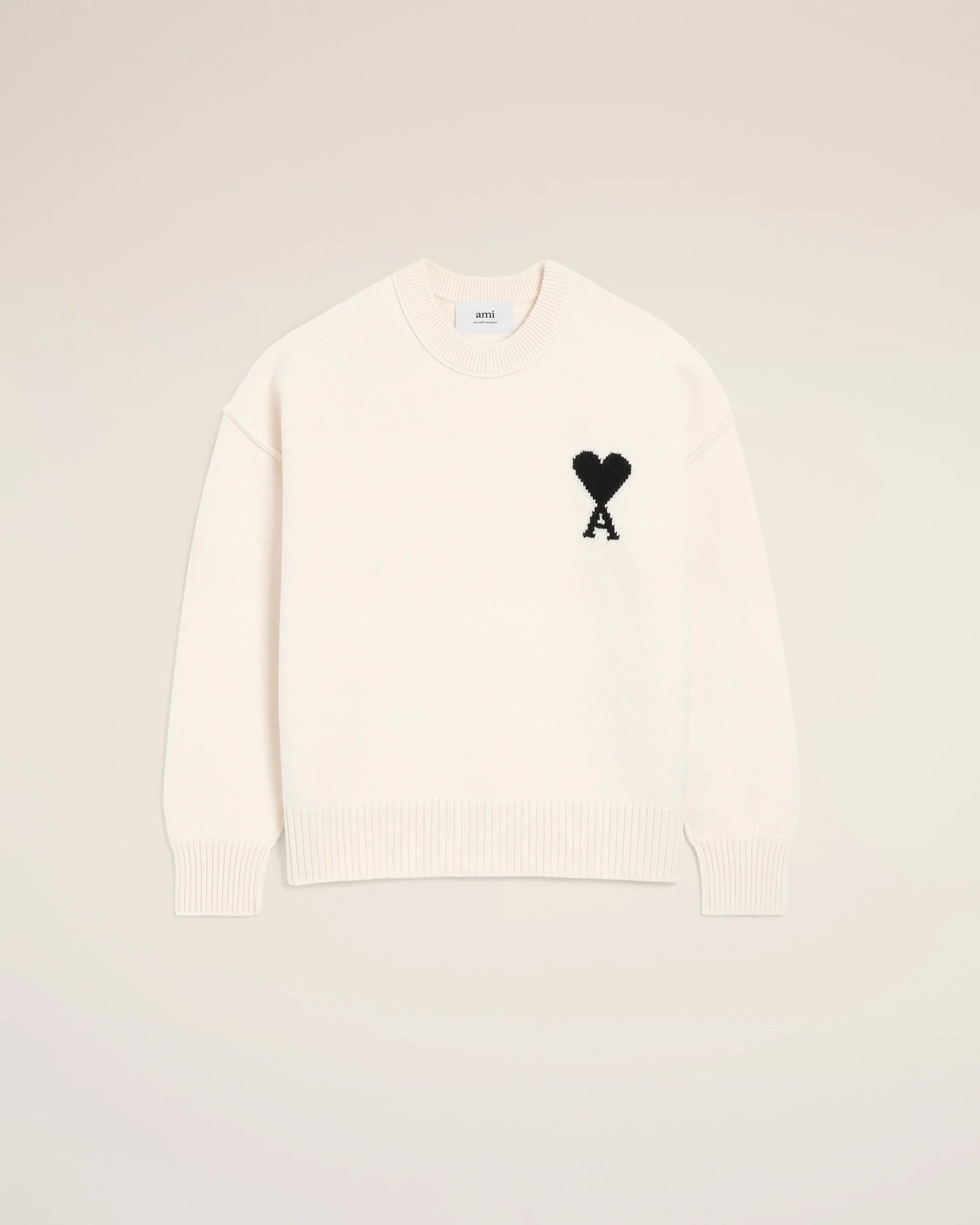 Ami Pull Blanc Col Rond Ecru Noir