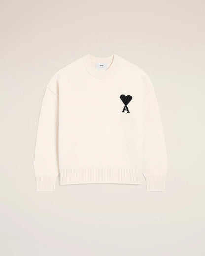 Ami Pull Blanc Col Rond Ecru Noir