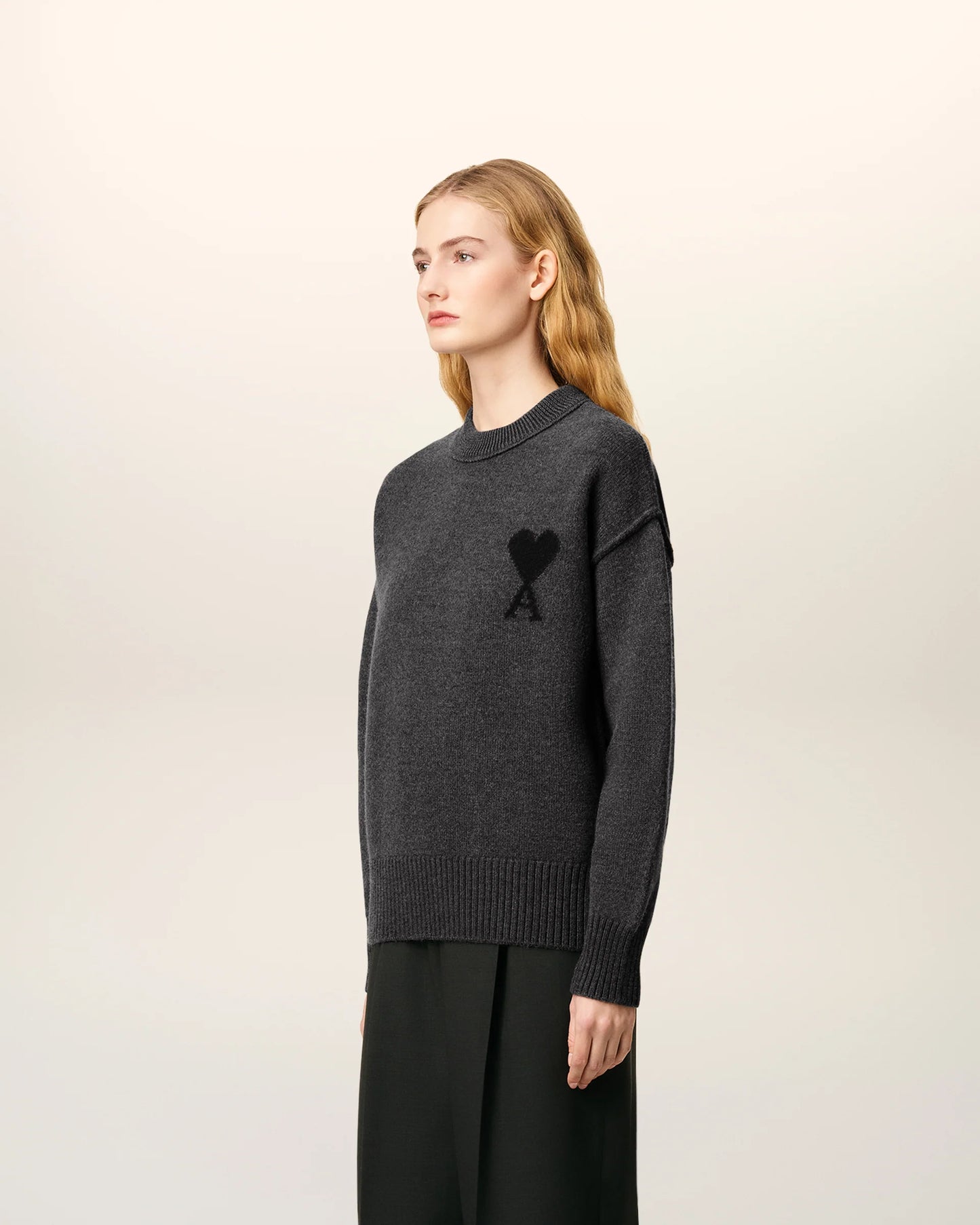 Ami Pull Gris Col Rond  En Laine Gris chine Noir