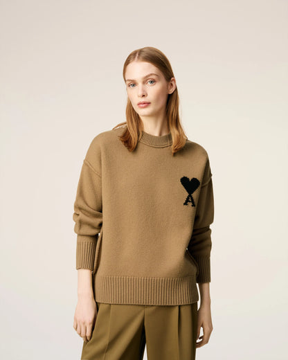 Ami Pull Marron Col Rond En Laine Camel Noir