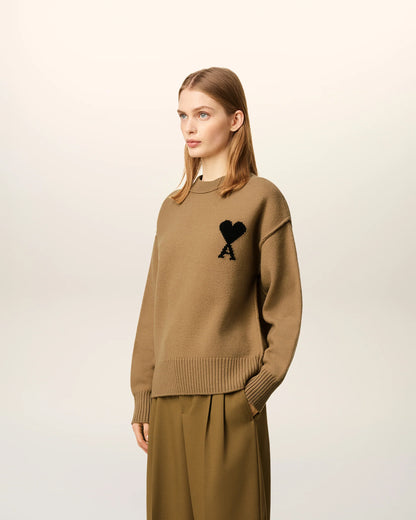 Ami Pull Marron Col Rond En Laine Camel Noir