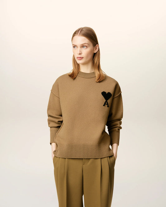 Ami Pull Marron Col Rond En Laine Camel Noir