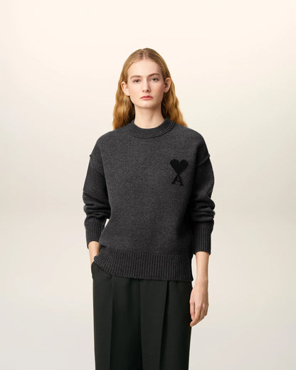 Ami Pull Gris Col Rond  En Laine Gris chine Noir