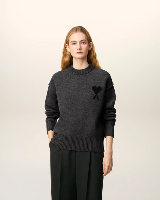 Ami Pull Gris Col Rond  En Laine Gris chine Noir