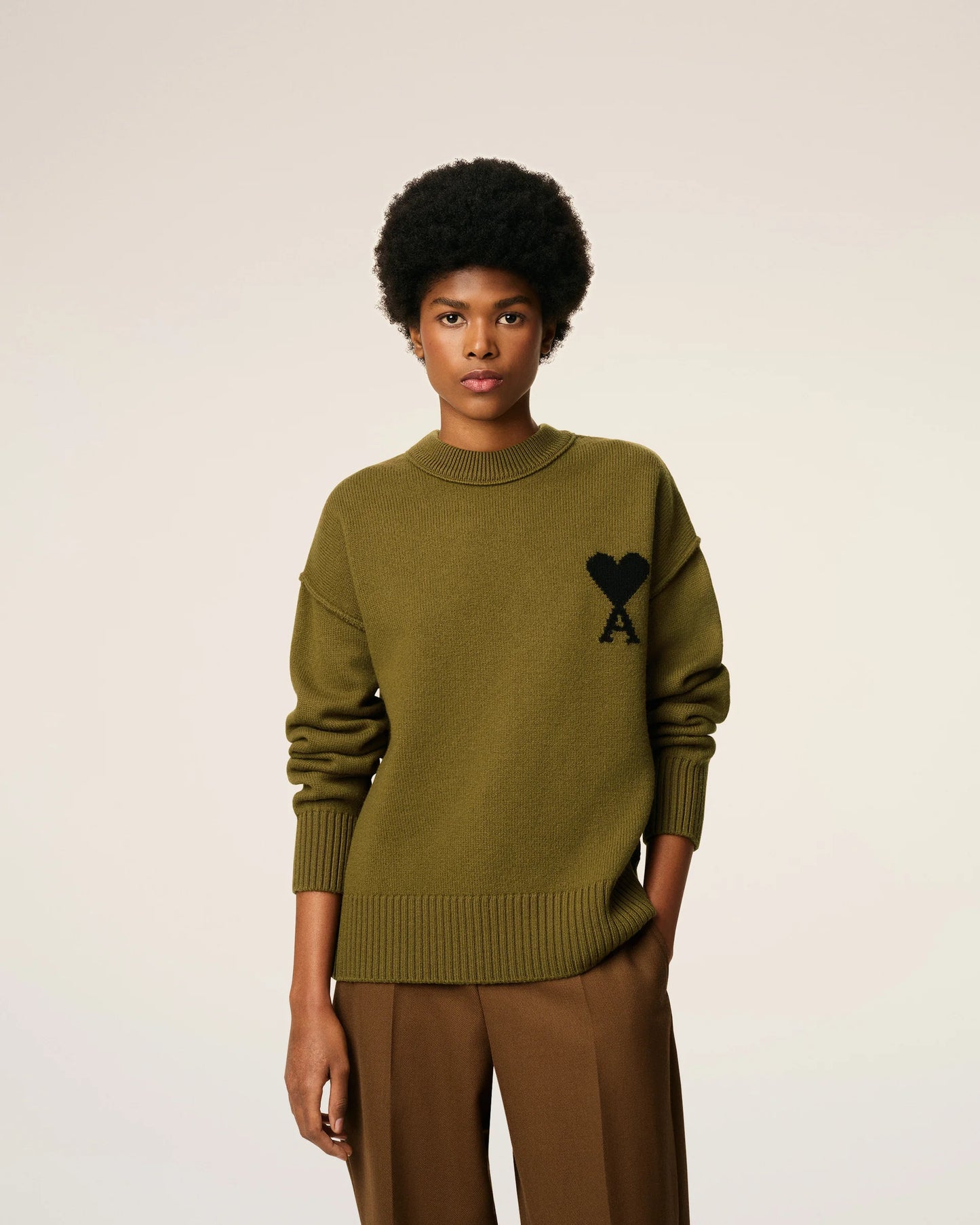 Ami Pull Vert Col Rond En Laine Bronze Noir
